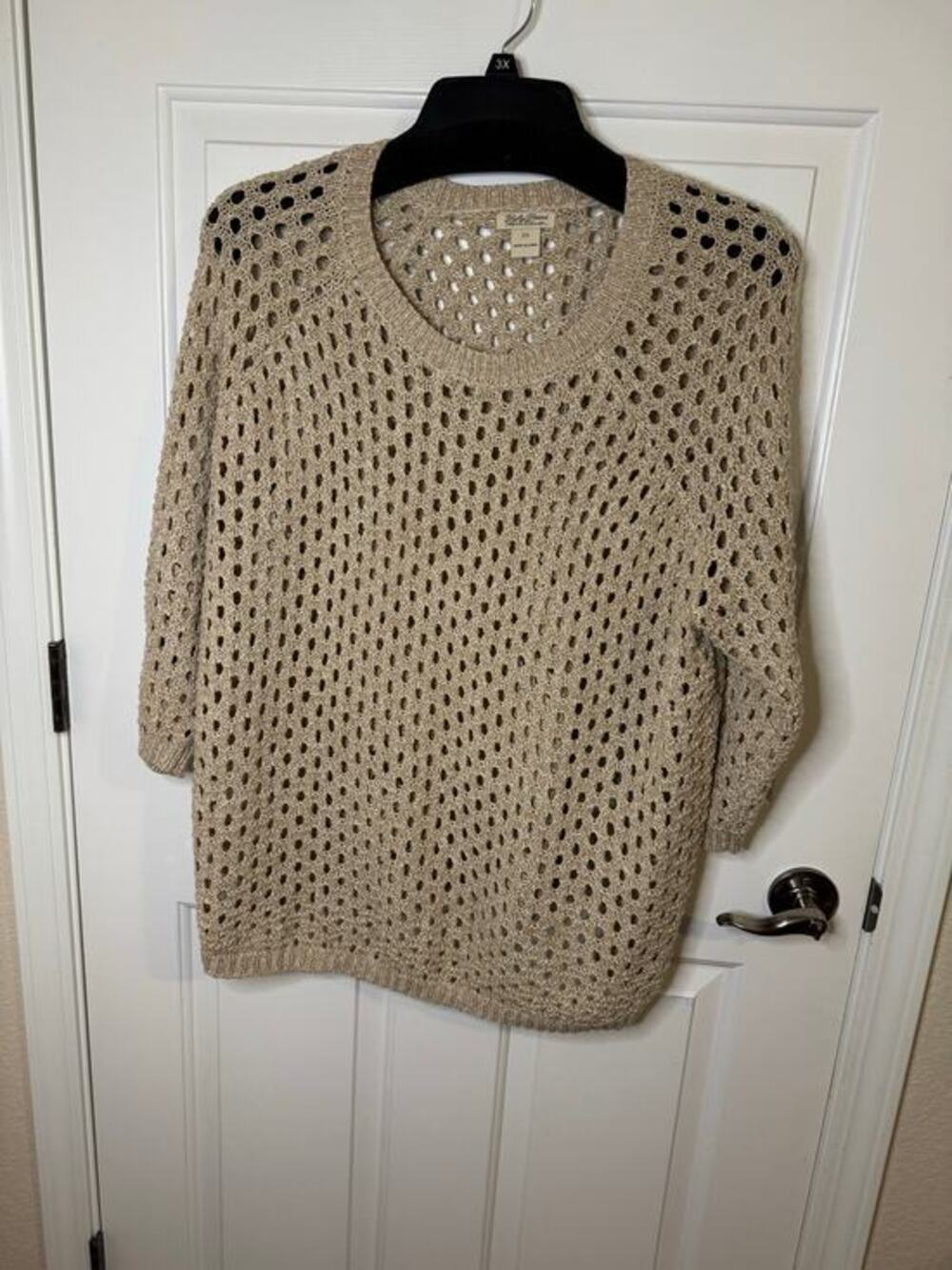 Lucky Brand Women's Plus Cotton Open Knit Metallic Pullover Sweater Tan Gold 2X